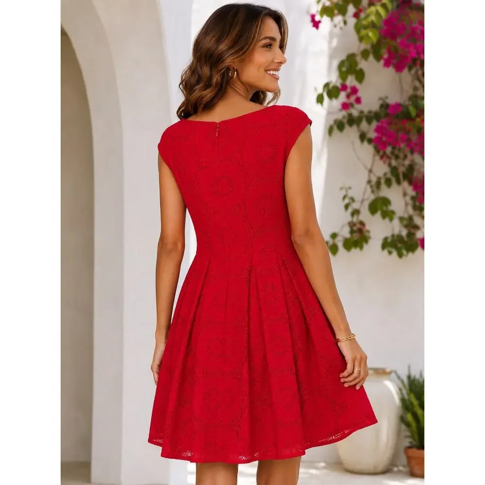 Roz & Ali Red Lace Fit & Flare Dress Size 10 Cap Sleeve Cocktail Party